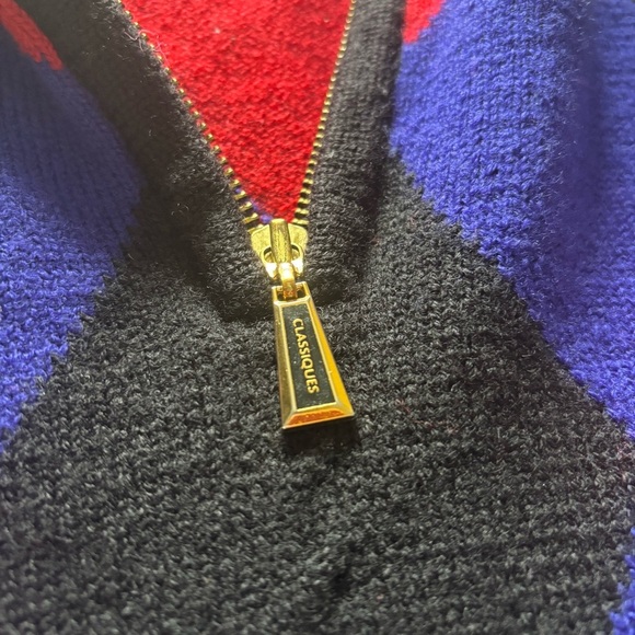 Classiques Entier Merino Wool Argyle Blue and Red Sweater Cropped Sleeves Size L - Picture 5 of 6